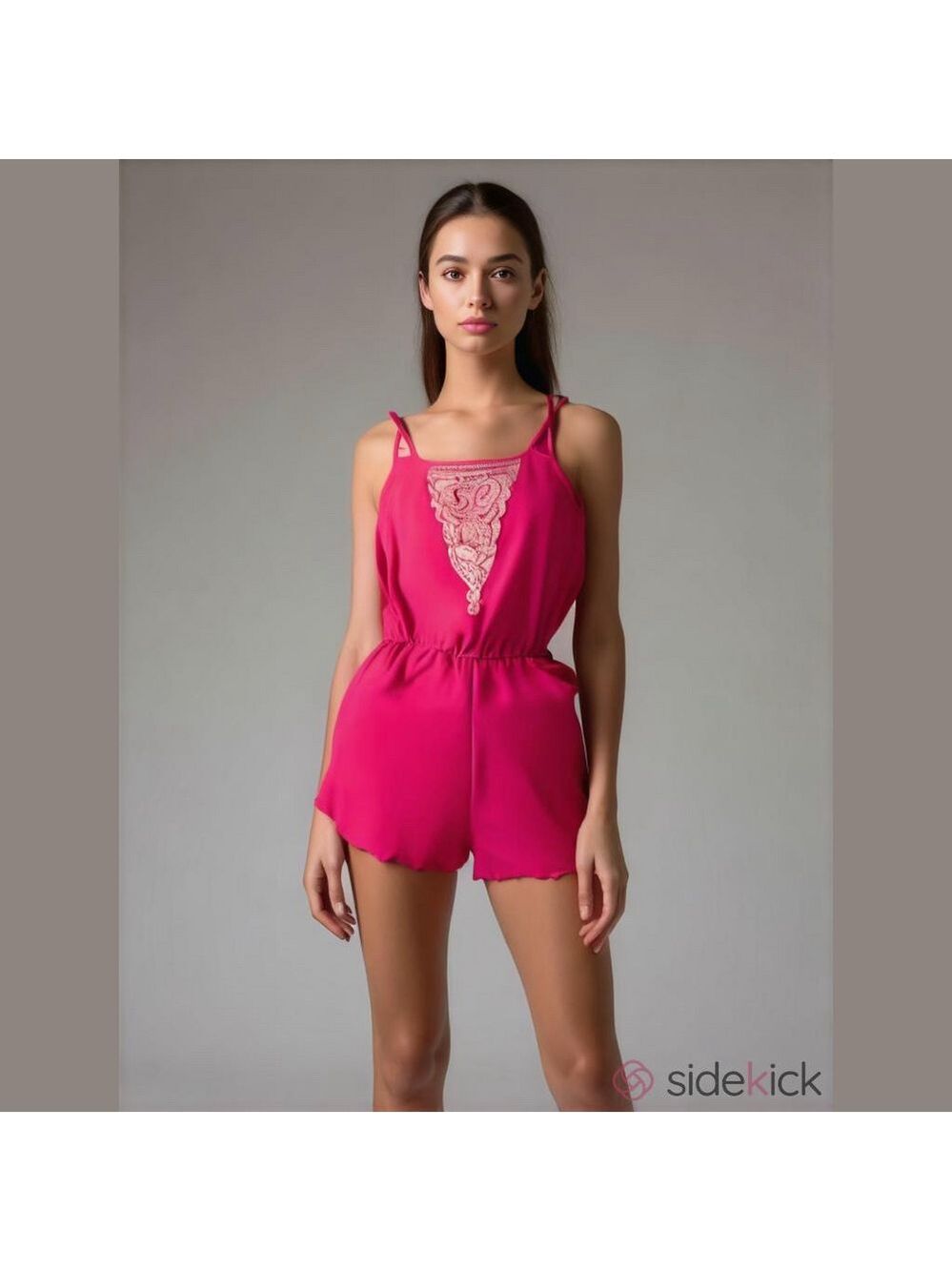 Sage Hot Pink Lace Mesh and Crochet Appliqué Romper